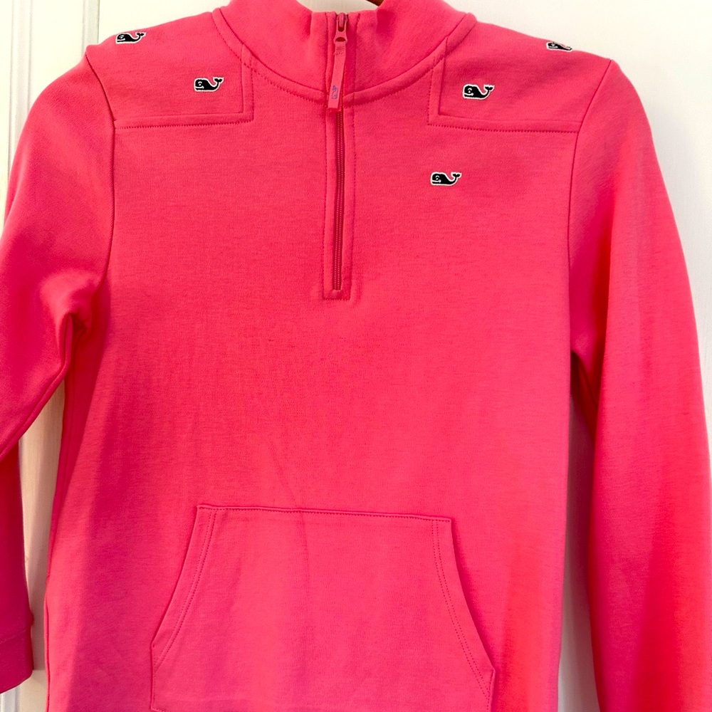 Vineyard Vines Girls Shep Shirt in hot pink quarter zip with navy whales